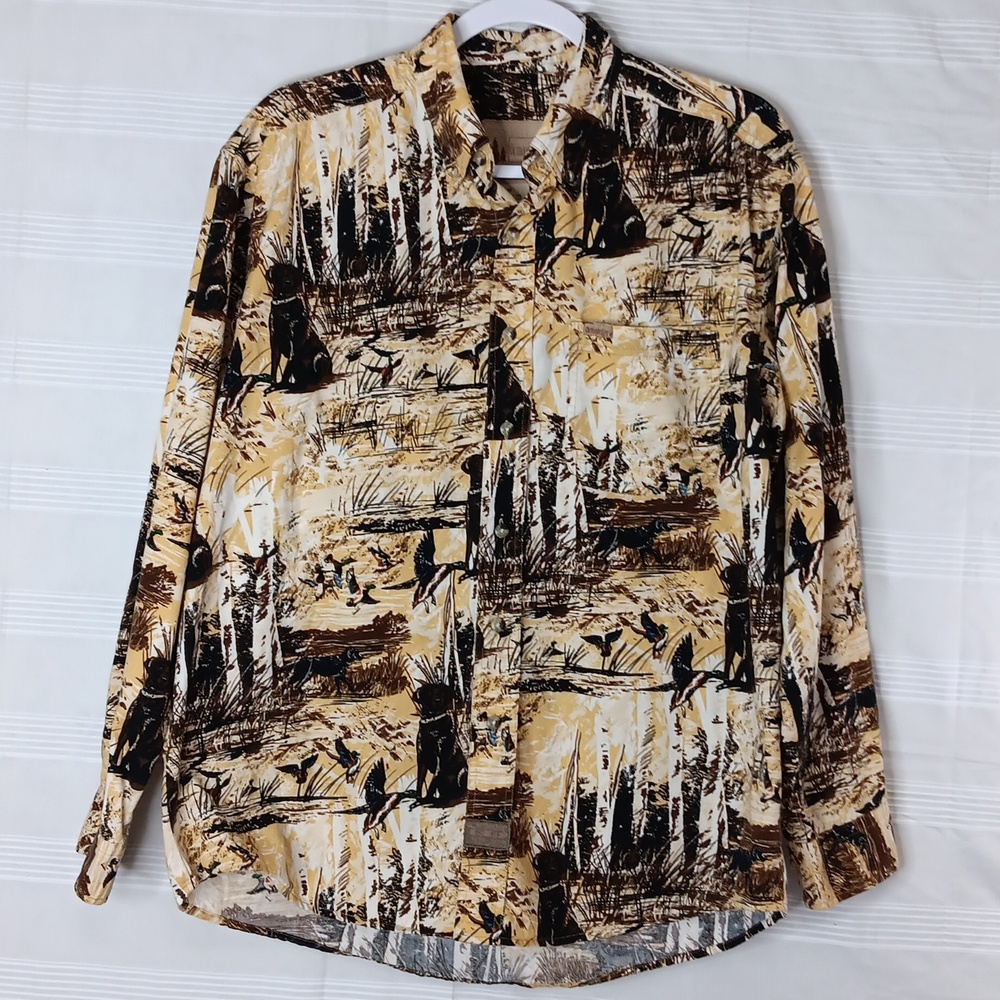Vintage Outdoor Life All Over Print Duck Hunting Dog Button Shirt Men's Size Med